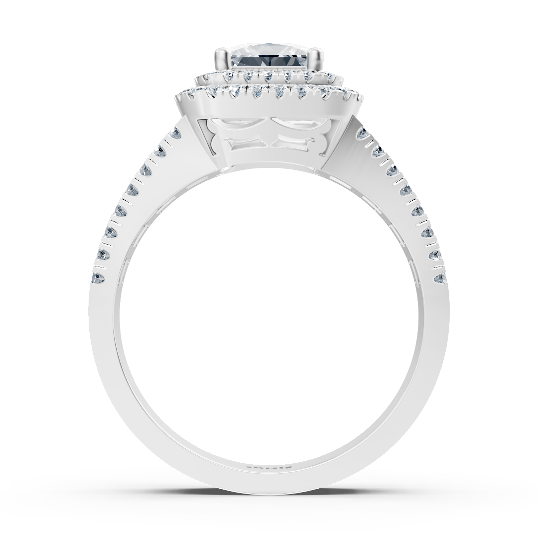 Bague de fiançailles en or blanc 14 carats avec diamants taille princesse et rubis à double halo