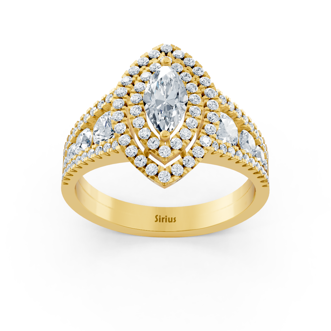 Bague de fiançailles en or jaune 14 carats avec diamants et saphirs taille ovale à double halo