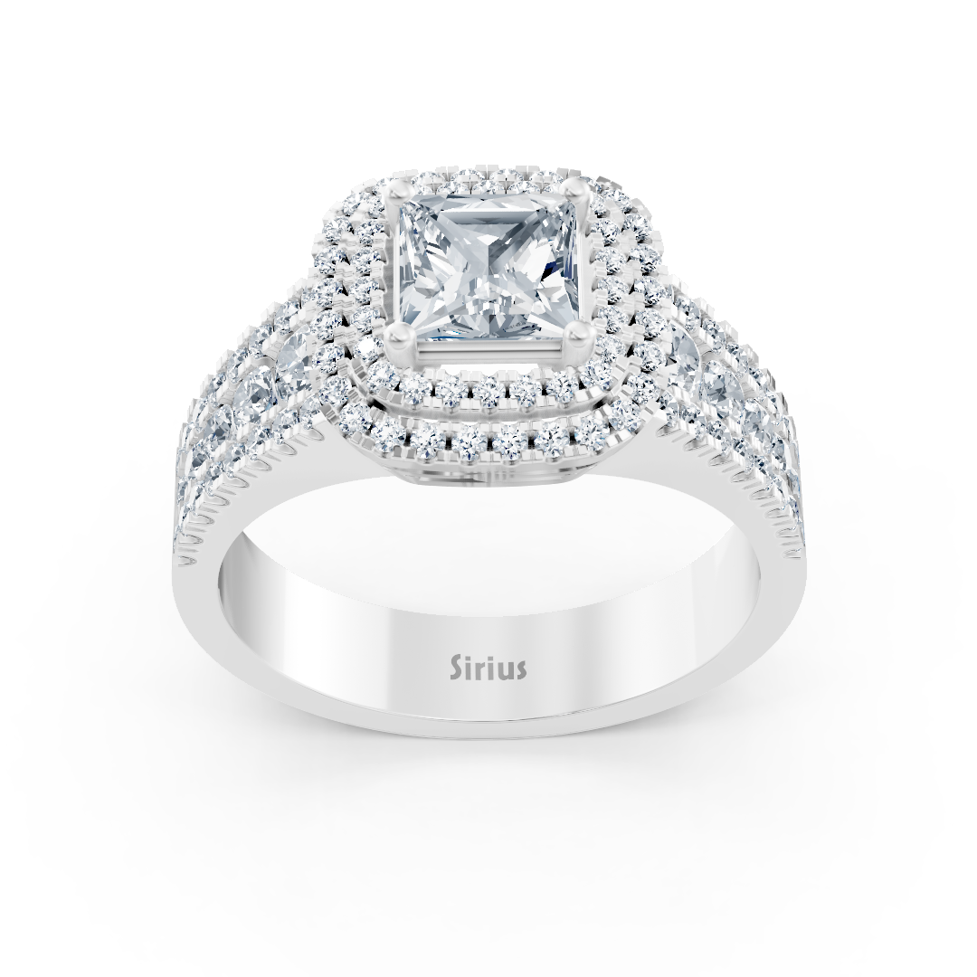Bague de fiançailles en or blanc 14 carats avec diamants taille princesse et rubis à double halo