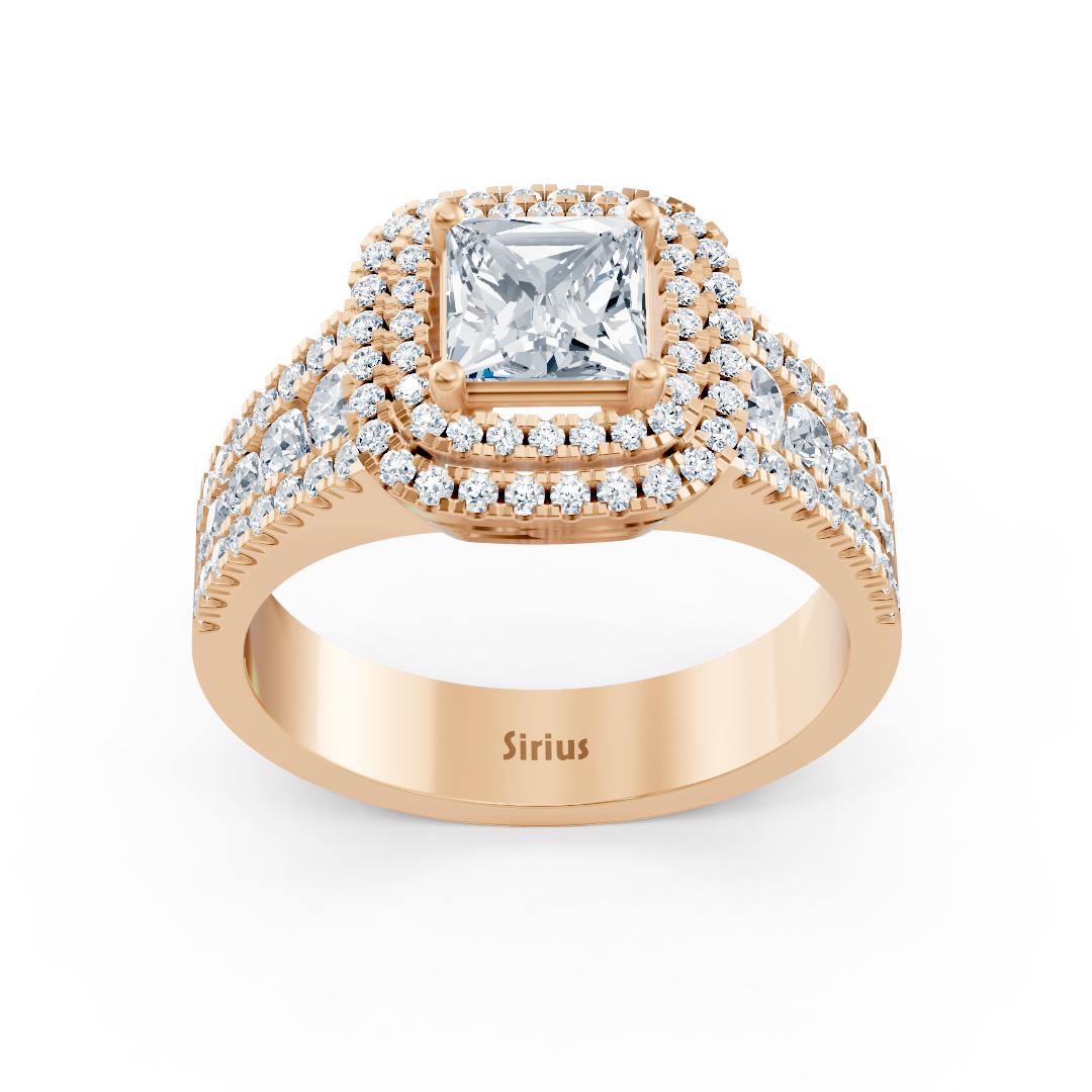 14 Karat Roségold Prinzessschliff Diamant & Rubin Doppel-Halo Verlobungsring