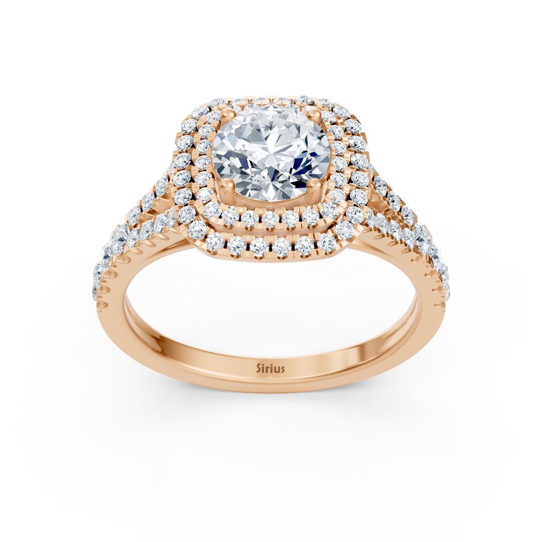 Bague de fiançailles en or rose 14 carats avec double halo de diamants