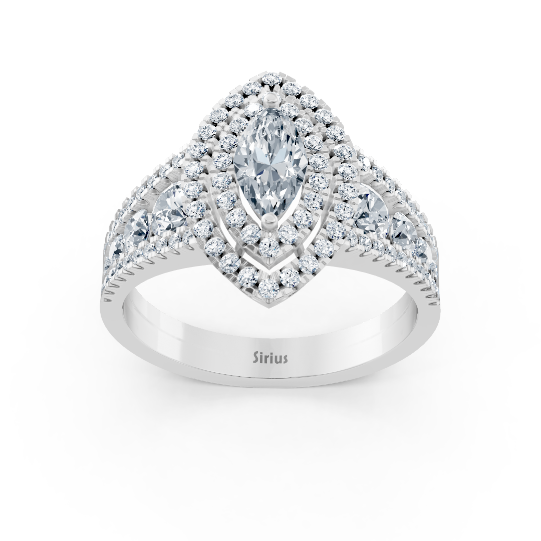 14k white gold double halo oval cut diamond & sapphire engagement ring