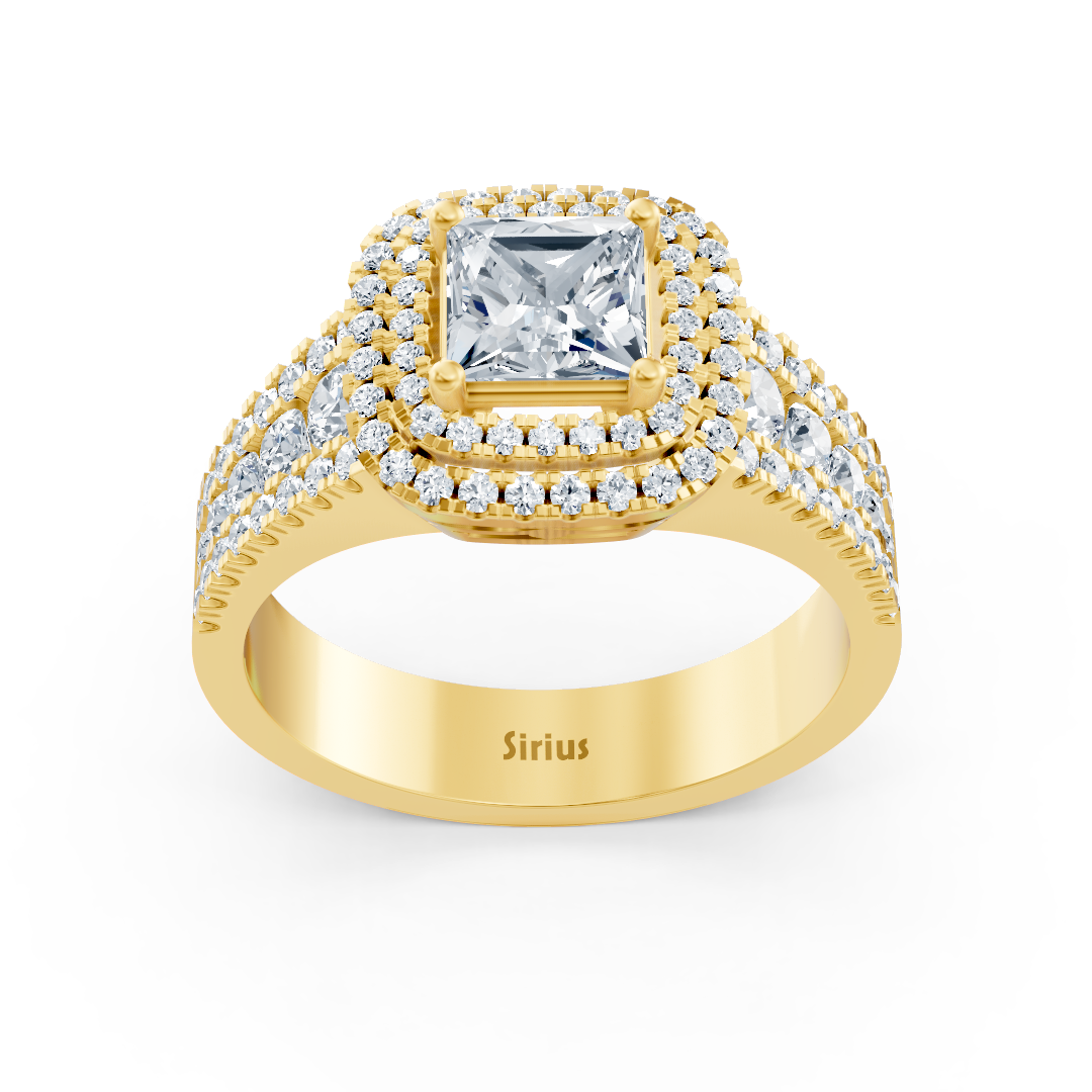 Bague de fiançailles en or jaune 14 carats avec diamants taille princesse et rubis à double halo