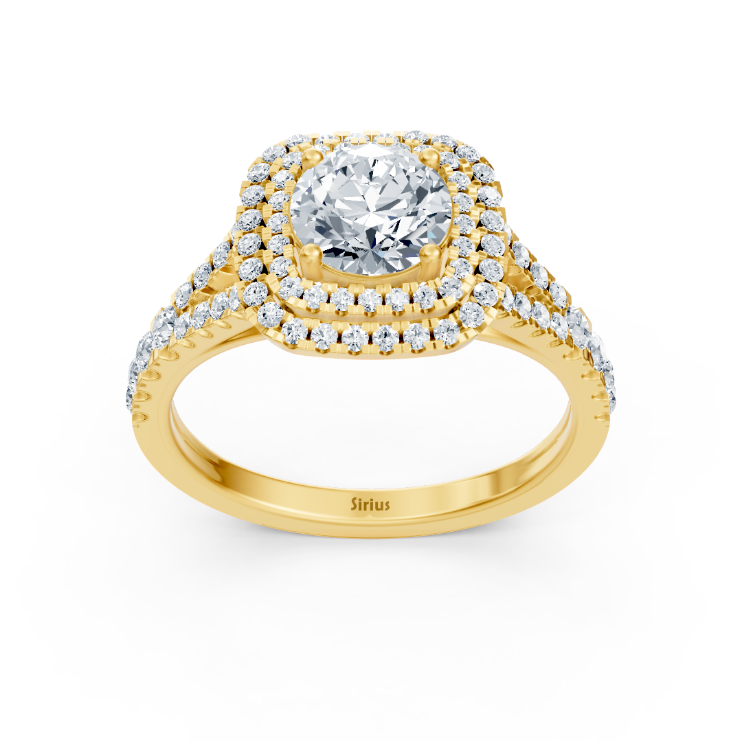 Bague de fiançailles en or jaune 14 carats avec double halo de diamants
