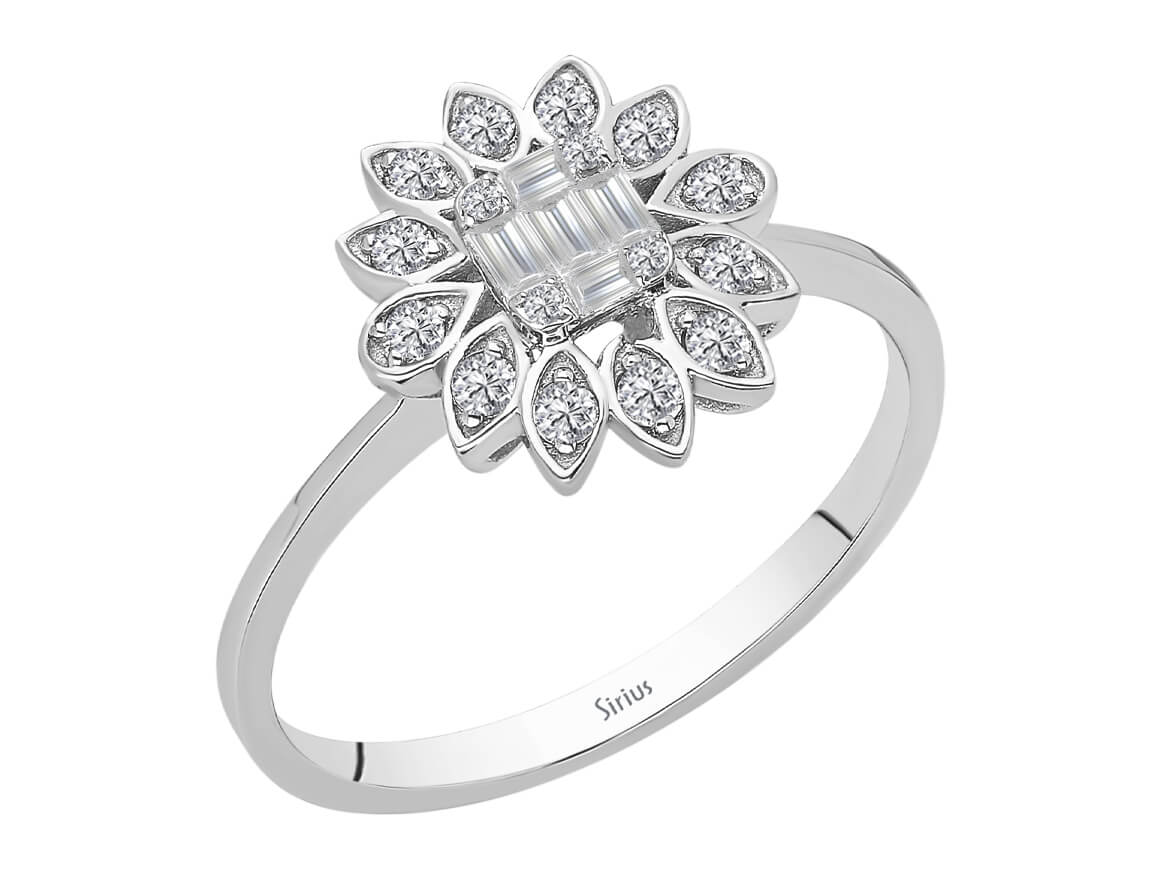 Birgie Diamant-Blumenring mit Baguette- und runden Diamanten
