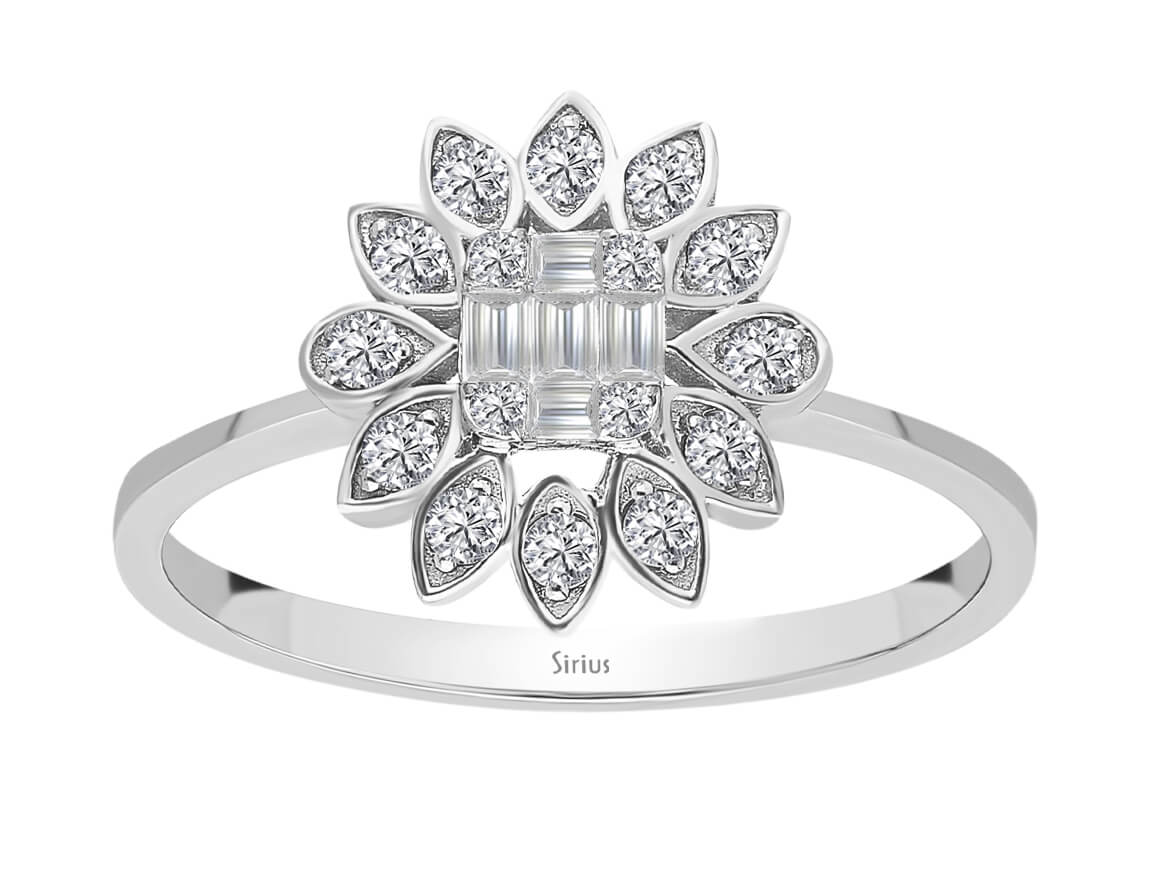 Birgie Diamant-Blumenring mit Baguette- und runden Diamanten