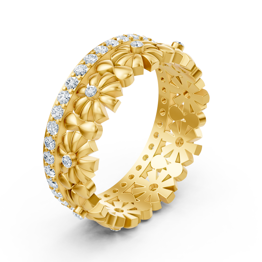 Delicate flower wreath diamond ring - 14K yellow gold, approx. 0.49 carats