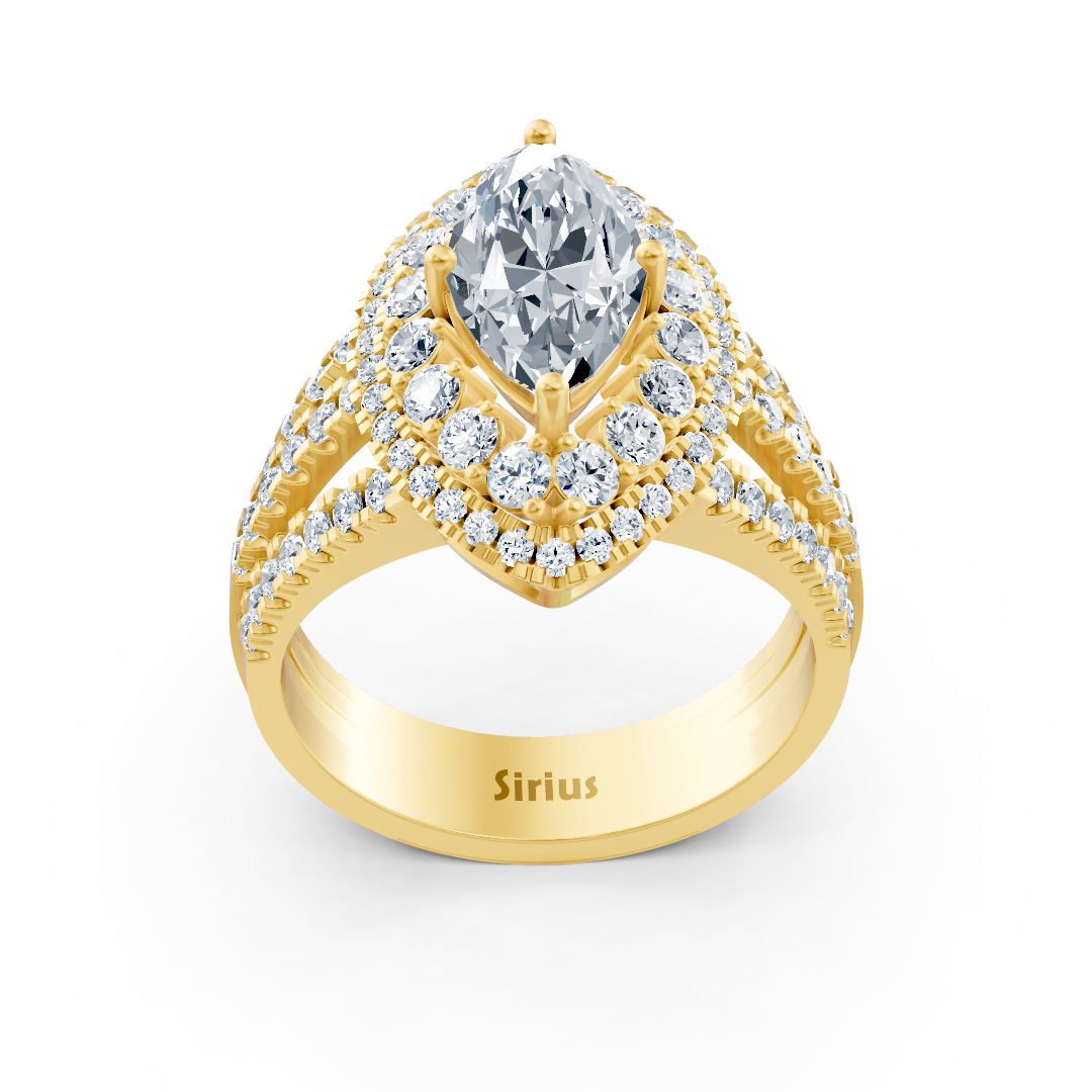 Yellow gold halo ring with marquise diamond & rubies
