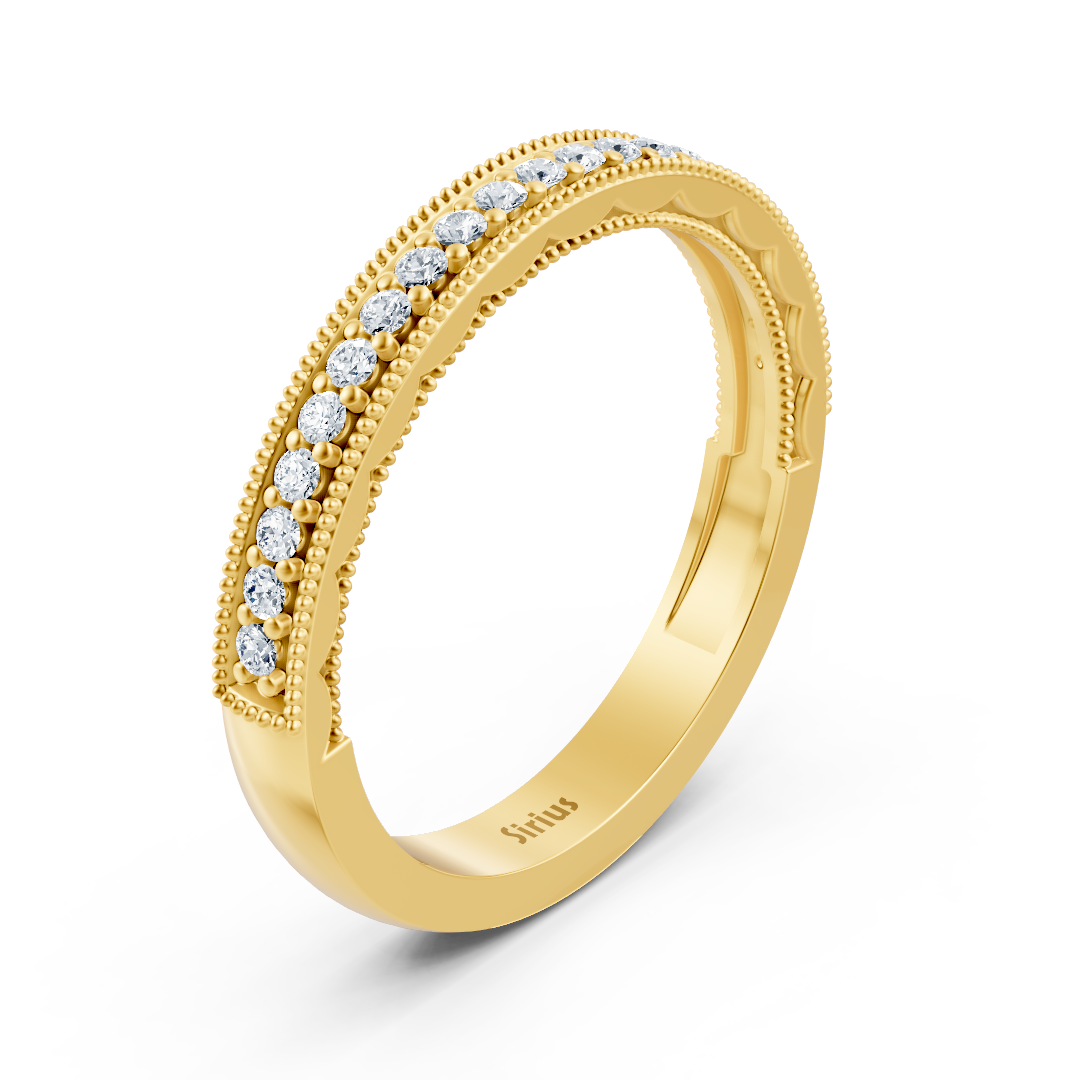 0.21 carat diamond half eternity ring with milgrain details in 14 carat yellow gold