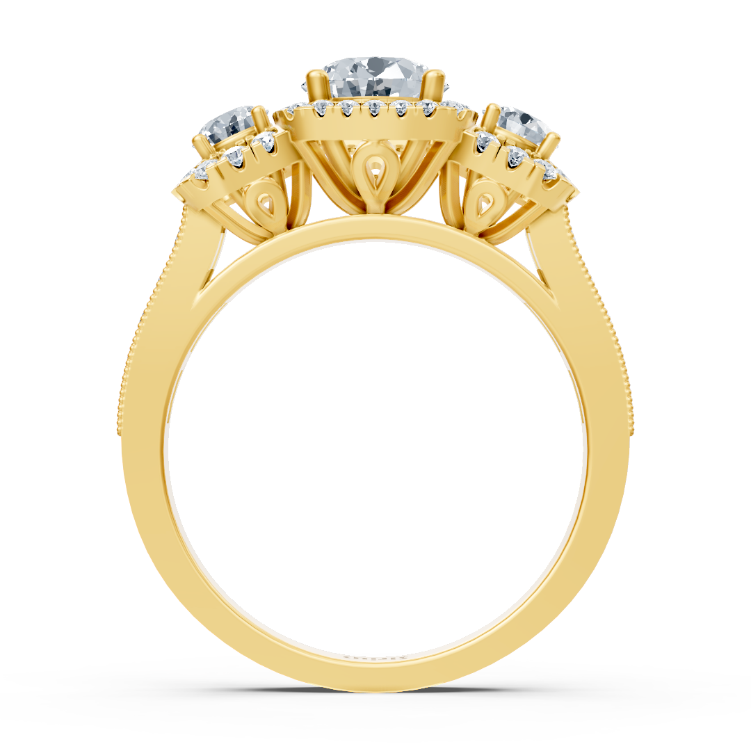 Yellow gold halo three-stone diamond ring