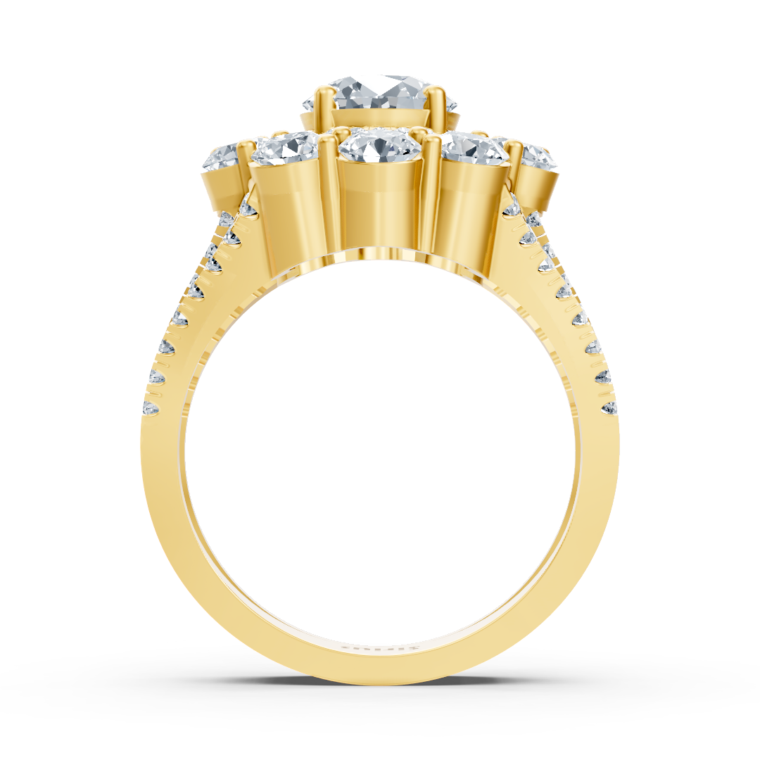 Yellow gold halo ring with diamonds, emeralds & rubies
