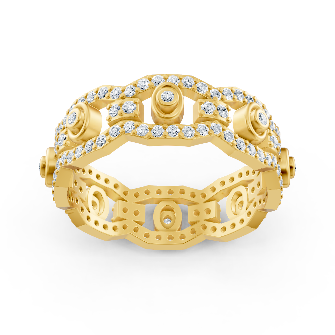 Yellow gold diamond ring with chain and circle design