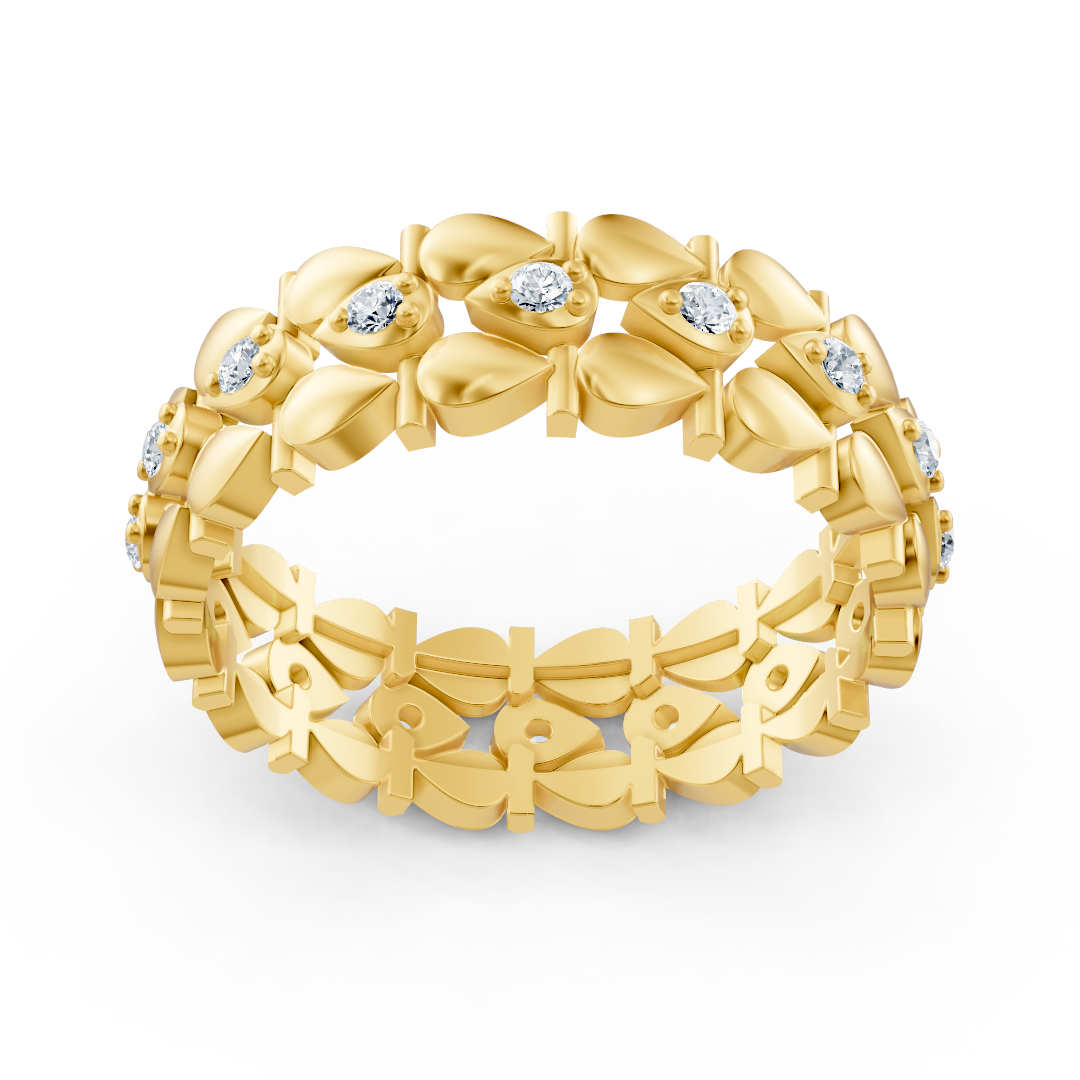 Eleganter Gelbgold Ring mit Diamanten – Filigranes Blatt Design