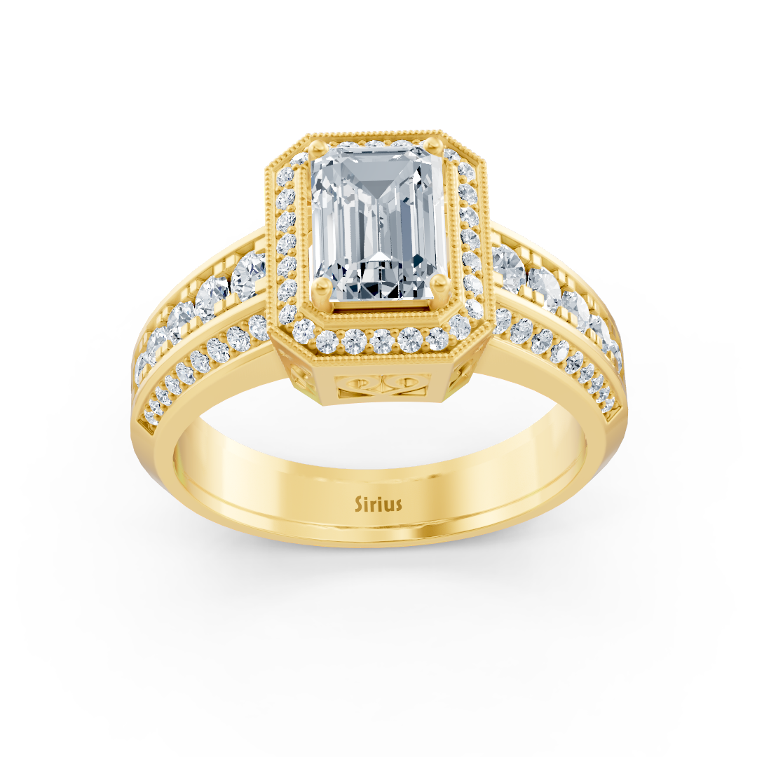 Bague Birgie Sirius en or jaune, diamants et émeraude, taille émeraude et ronde