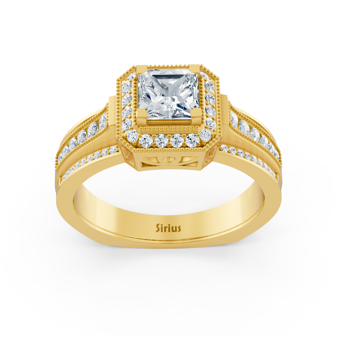 Birgie Sirius Yellow Gold Diamond & Sapphire Halo Ring with Princess & Round Cut