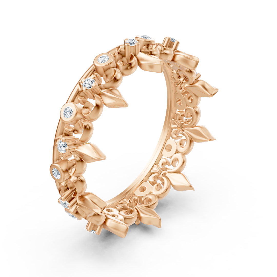 Rose gold ring with round diamonds in prong and bezel design