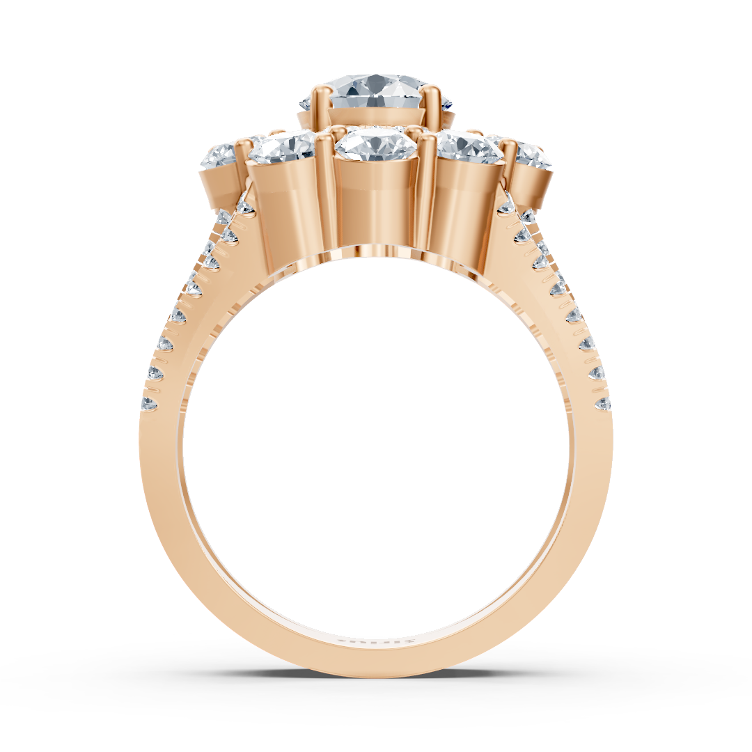 Rose gold halo ring with diamonds, emeralds & rubies
