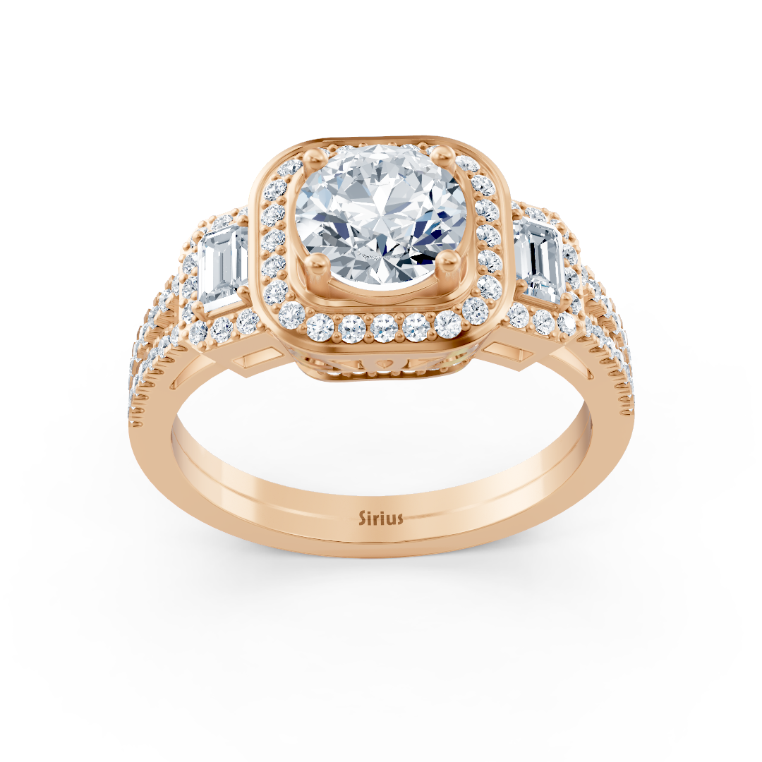 Three-stone & halo diamond ring rose gold