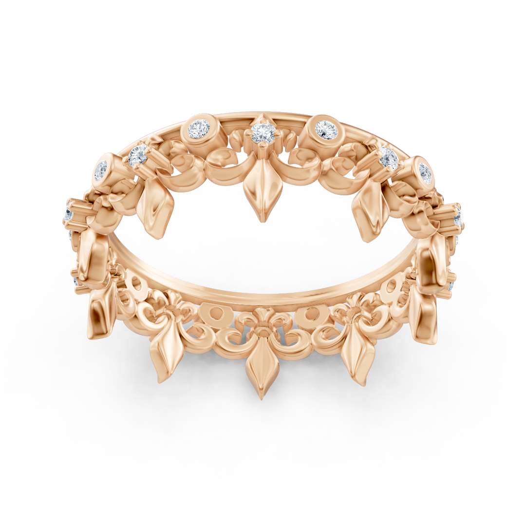 Rose gold ring with round diamonds in prong and bezel design