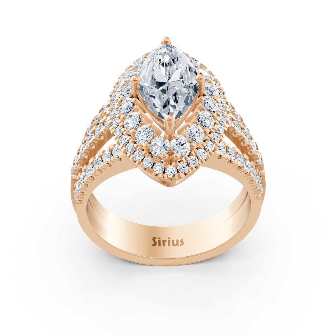 Rose gold halo ring with marquise diamond & rubies