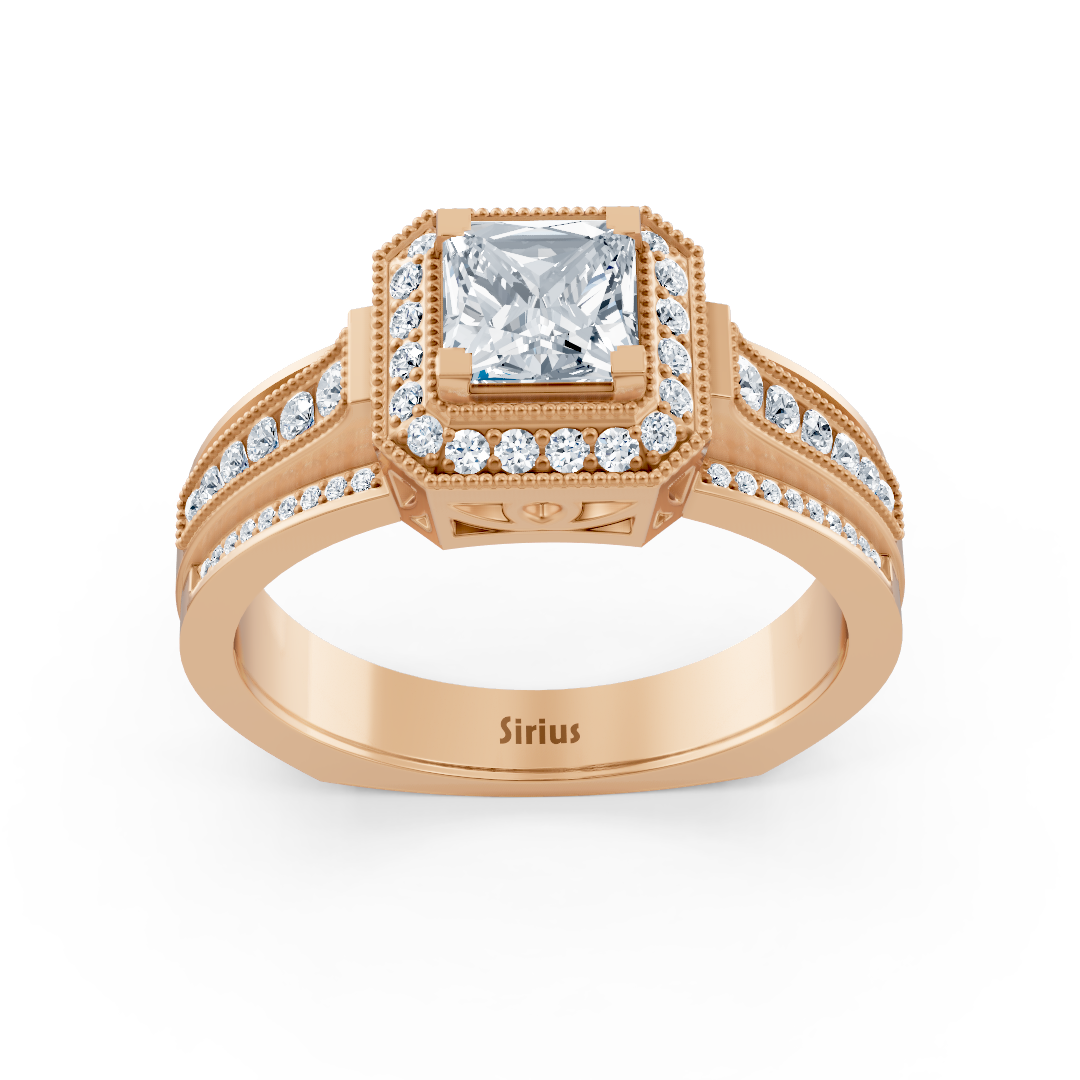 Birgie Sirius Roségold Diamant & Saphir Halo Ring mit Prinzess & Rundschliff