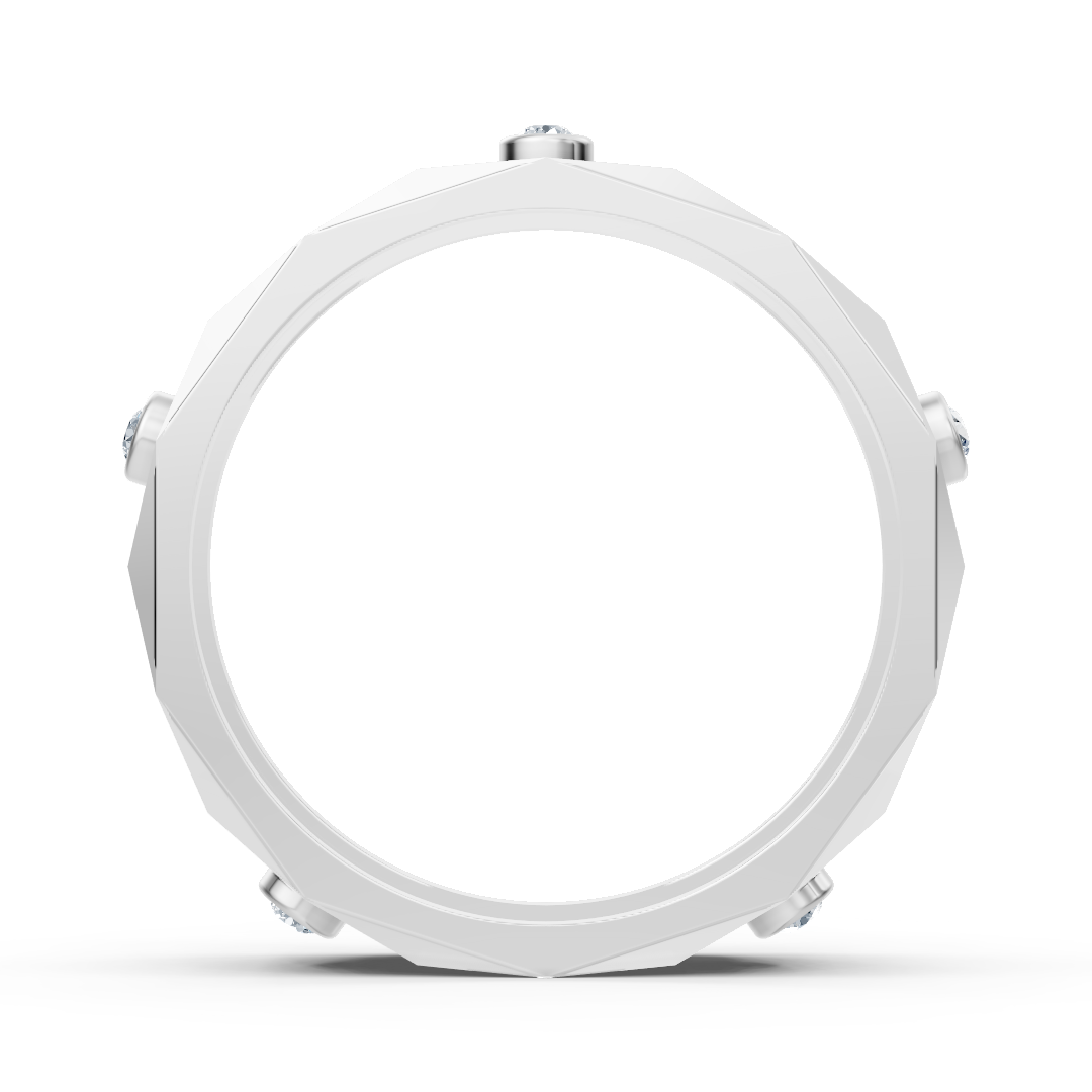 Modern white gold ring with round diamonds in bezel design