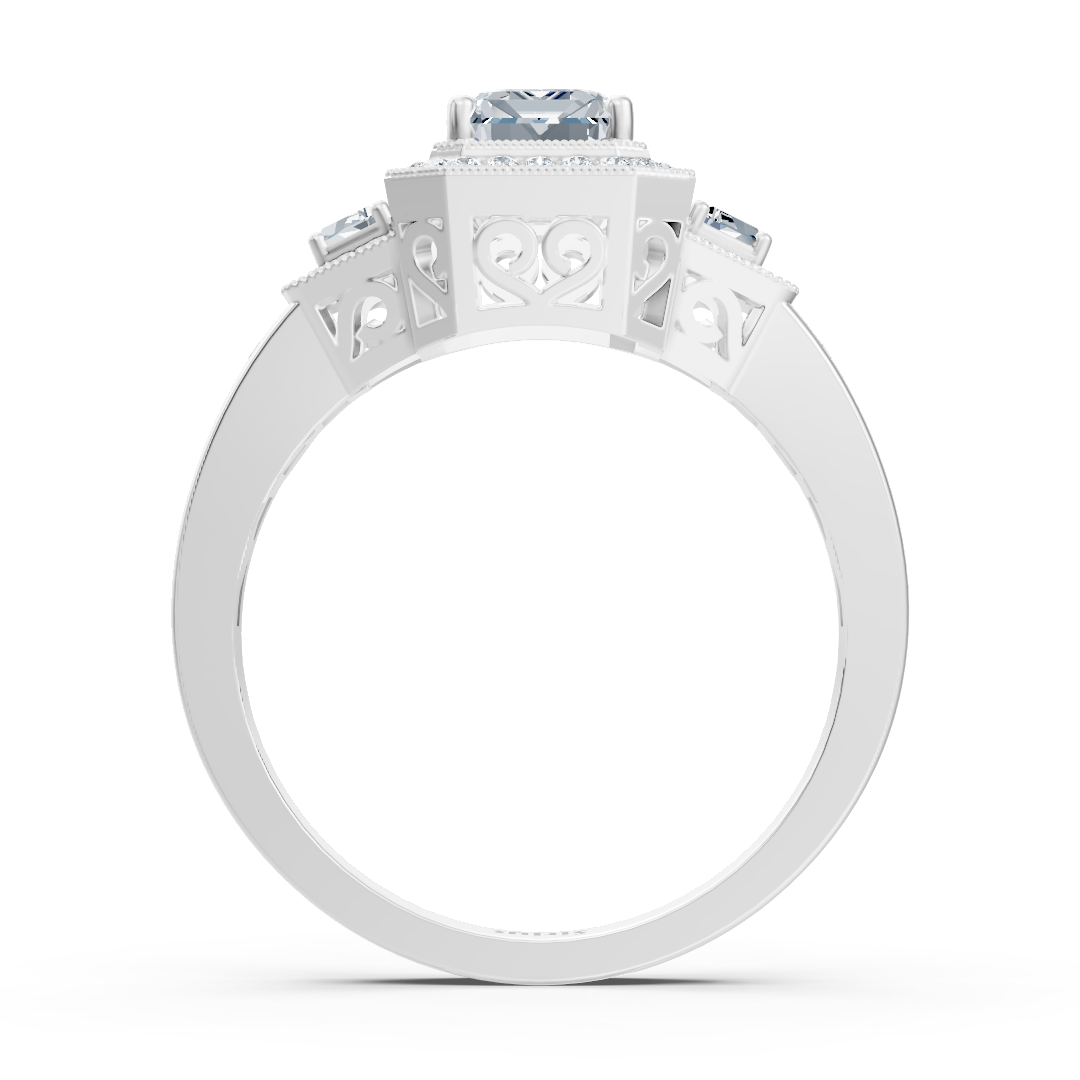Bague de fiançailles halo en or blanc avec diamants, émeraude et rubis