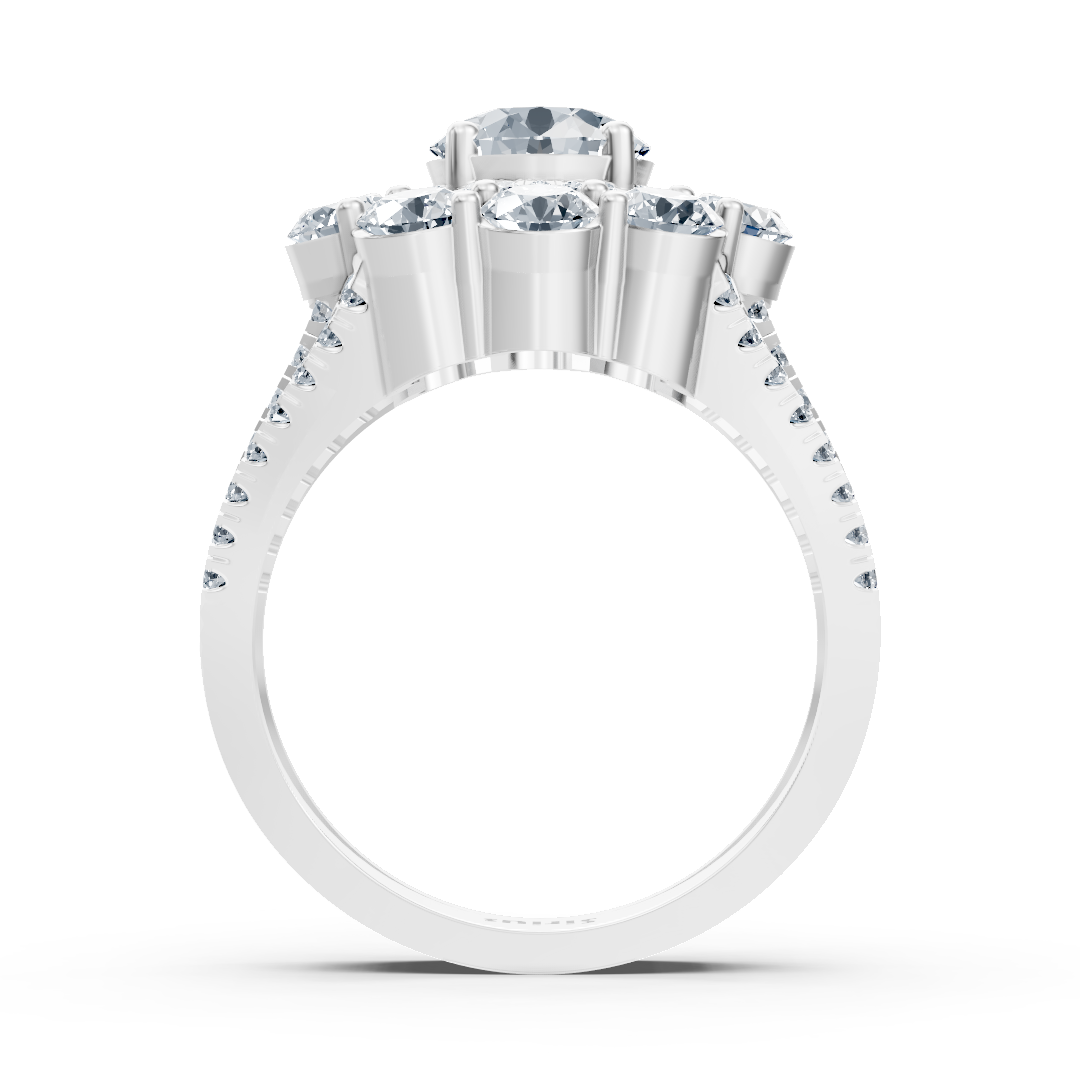 Weißgoldener Halo-Ring mit Diamanten, Weisstopas ,Smaragden & Rubinen
