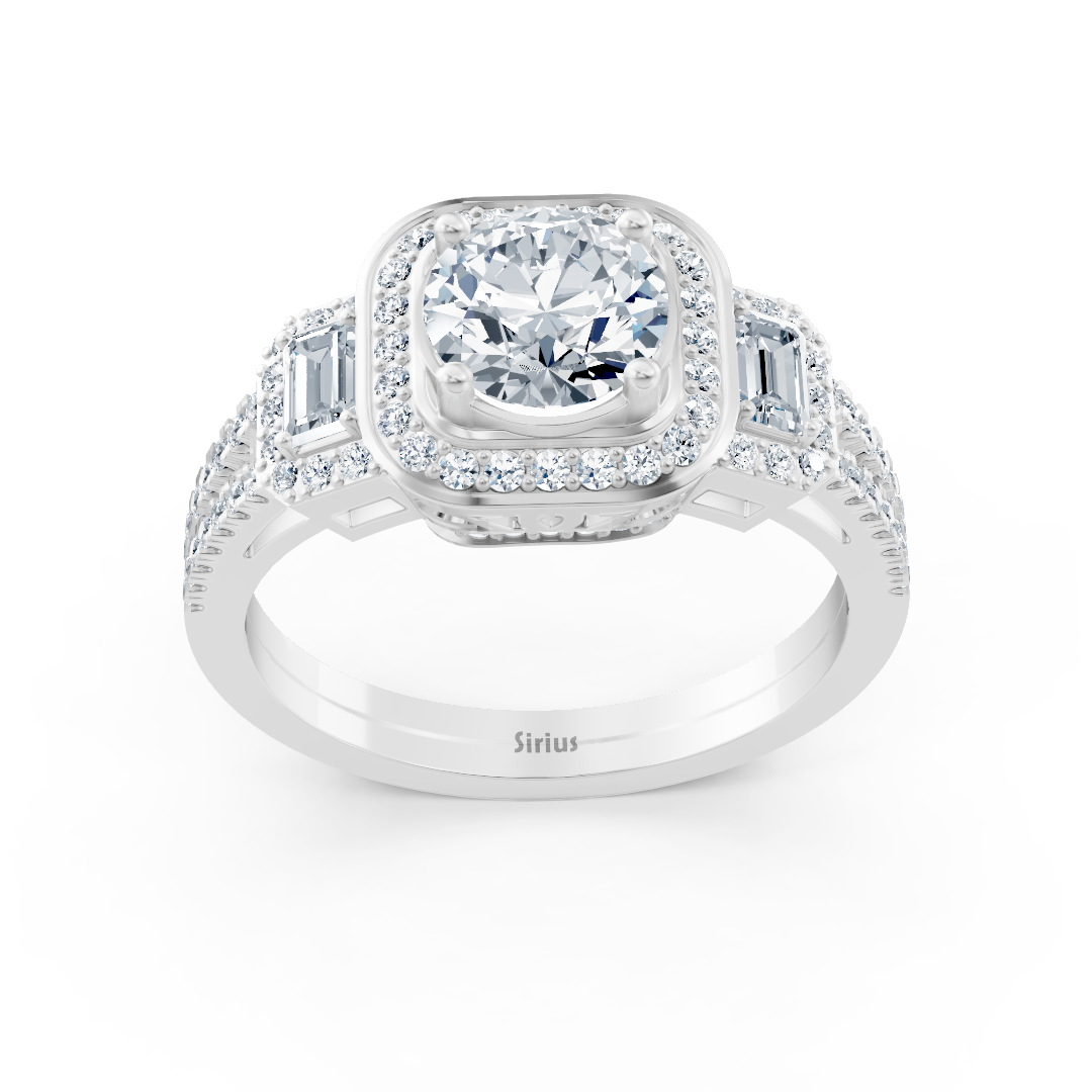 Bague trois pierres et halo de diamants en or blanc