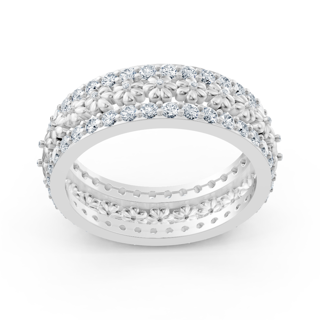 Bague exquise en or blanc 14 carats avec diamants et fleurs