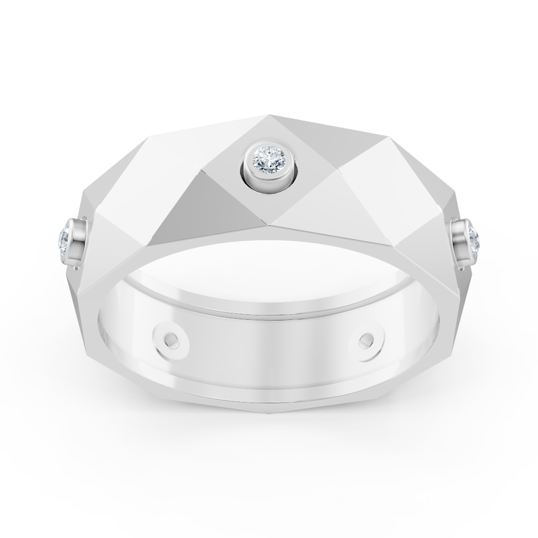 Modern white gold ring with round diamonds in bezel design