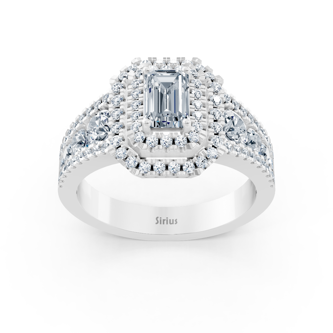 Bague de fiançailles halo diamant et saphir en or blanc