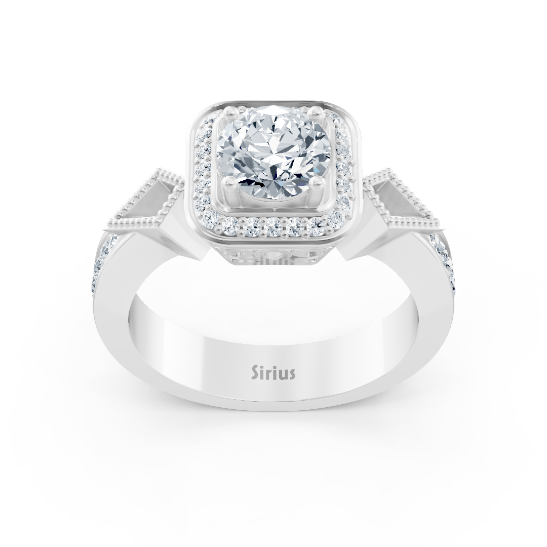 Bague de fiançailles halo en or blanc avec diamants latéraux