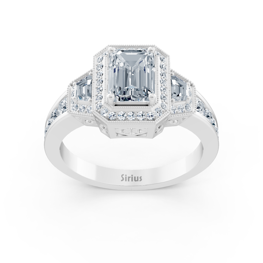 Bague de fiançailles halo en or blanc avec diamants, émeraude et rubis
