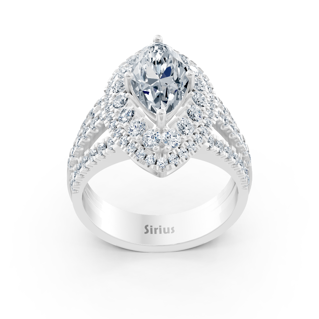 Weißgoldener Halo-Ring mit Marquise-Diamant & Weisstopas