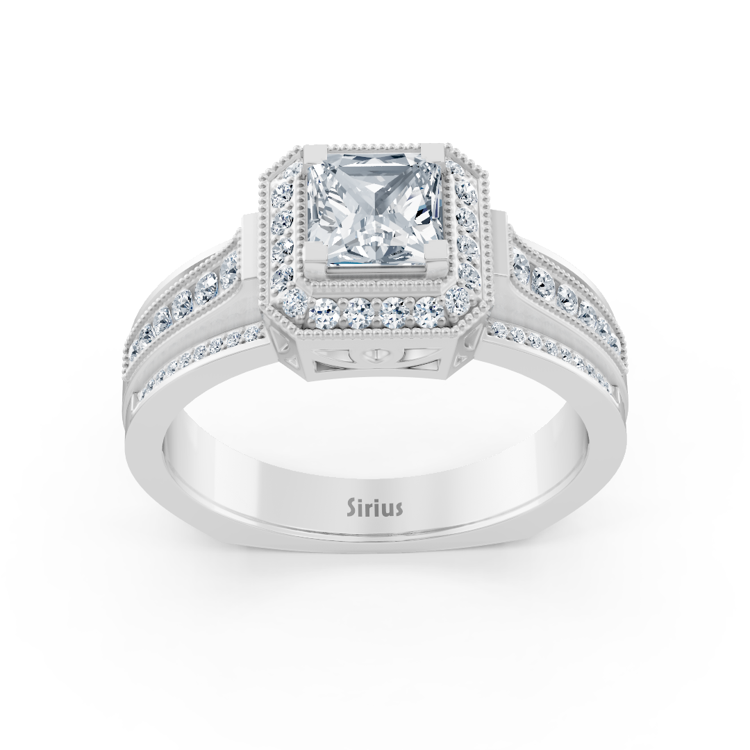 Birgie Sirius white gold diamond & sapphire halo ring with princess & round cut