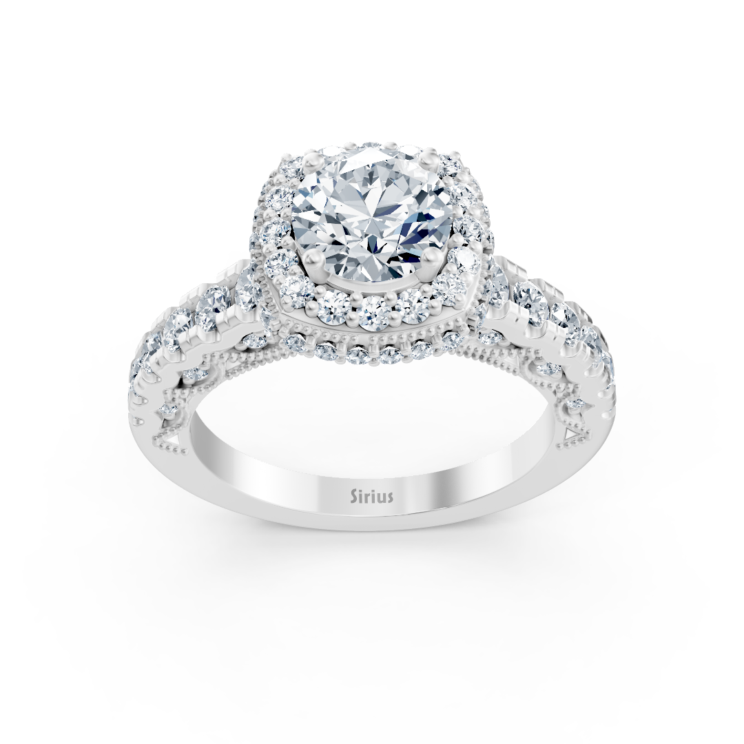 Birgie Sirius white gold halo round cut diamond engagement ring