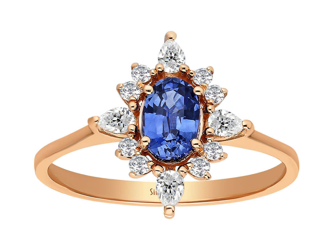 Birgie Ring mit ovalem Saphir und Tropfen-Diamanten