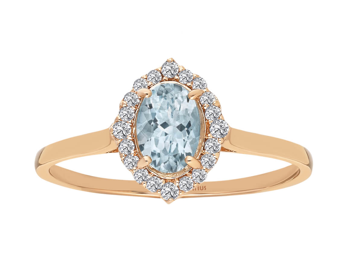 Birgie Ovaler Aquamarin mit Diamant-Halo-Ring