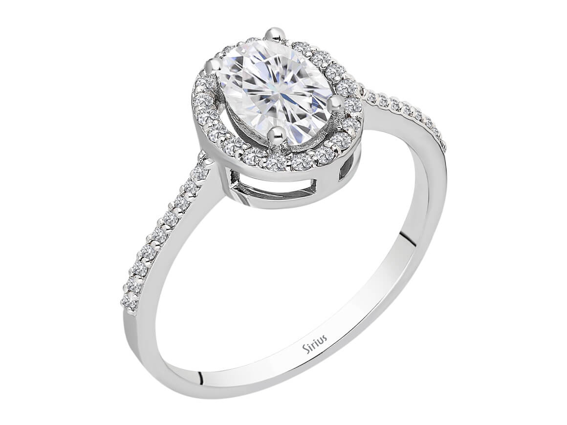 Birgie Ovaler Weißer Saphir mit Diamant-Halo-Ring