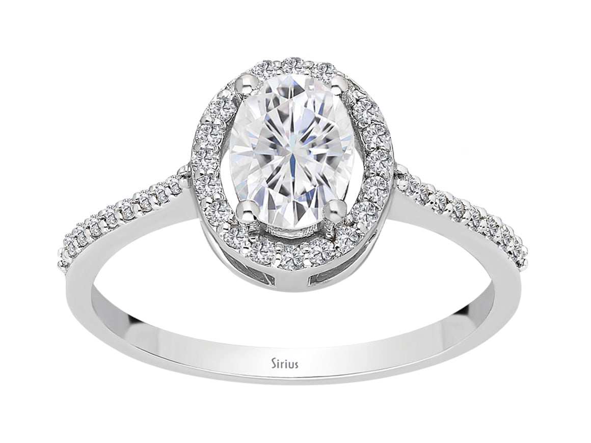 Birgie Ovaler Weißer Saphir mit Diamant-Halo-Ring