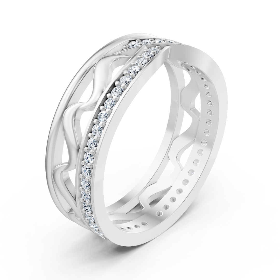 Bague en or blanc avec diamants et motif de vagues en filigrane