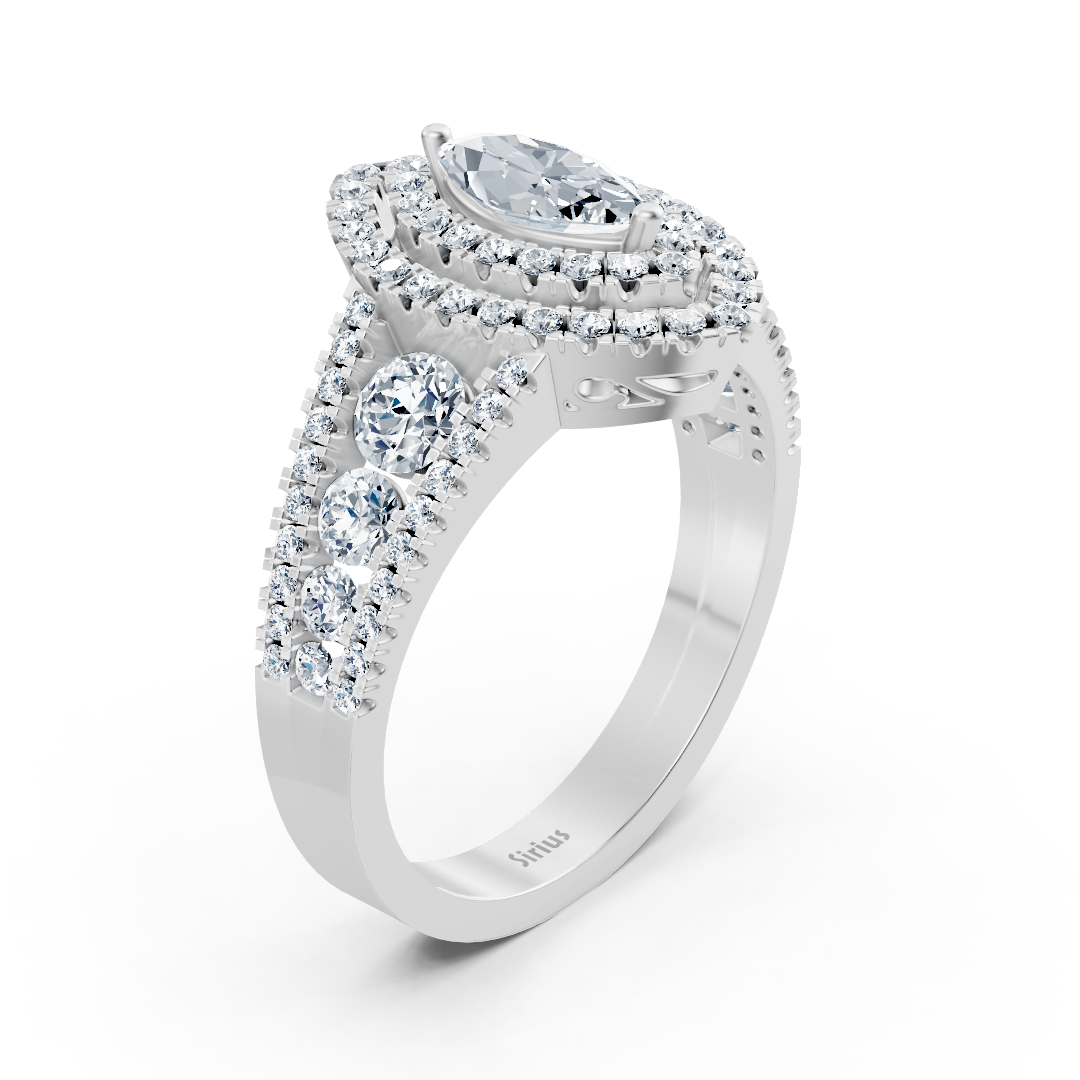 Bague de fiançailles en or blanc 14 carats avec diamants et saphirs taille ovale à double halo