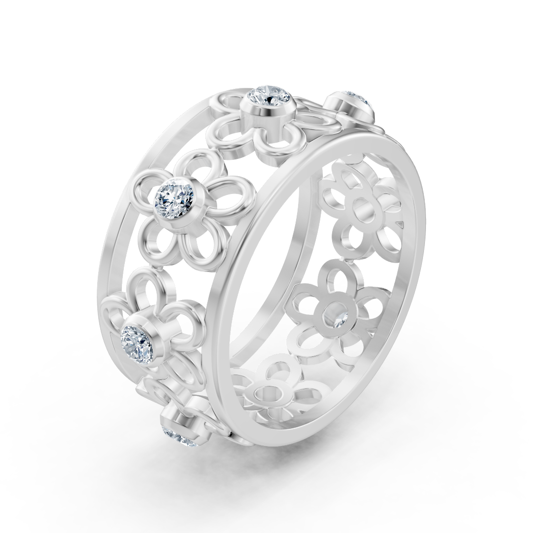 Bague fleur en filigrane avec diamants en or blanc 14 carats