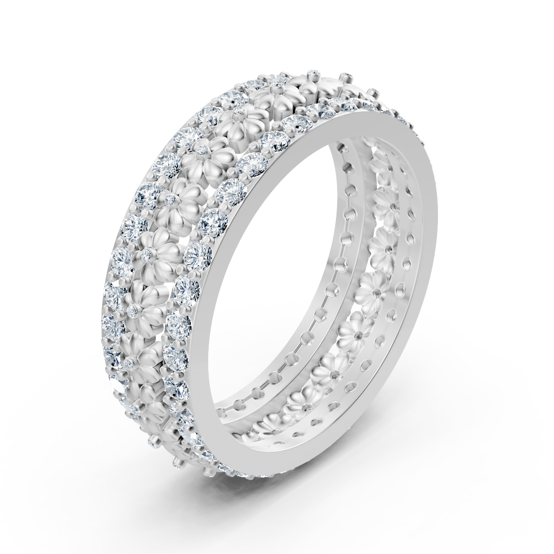 Bague exquise en or blanc 14 carats avec diamants et fleurs