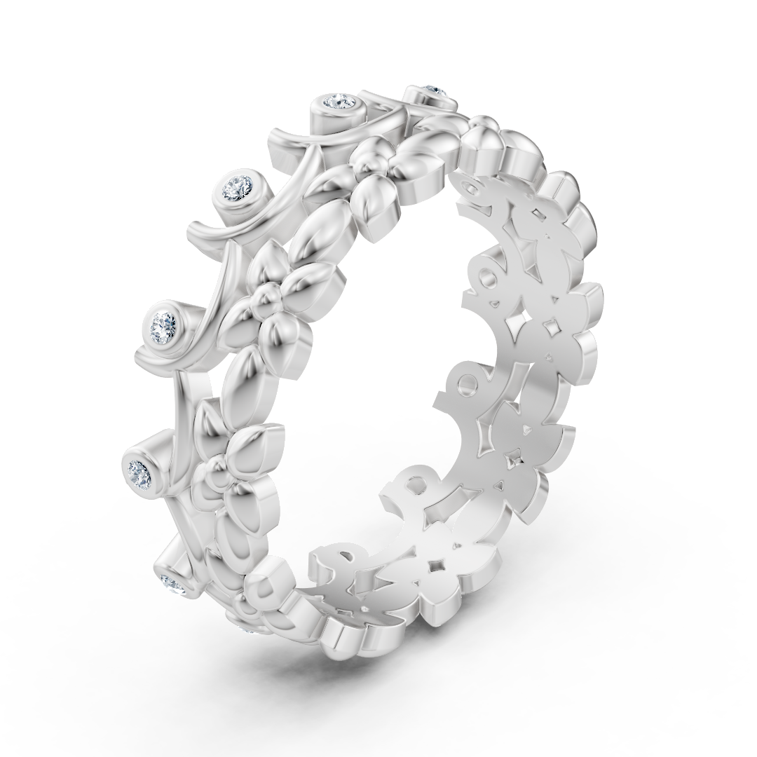 Bague en or blanc avec diamant et motif floral de vigne