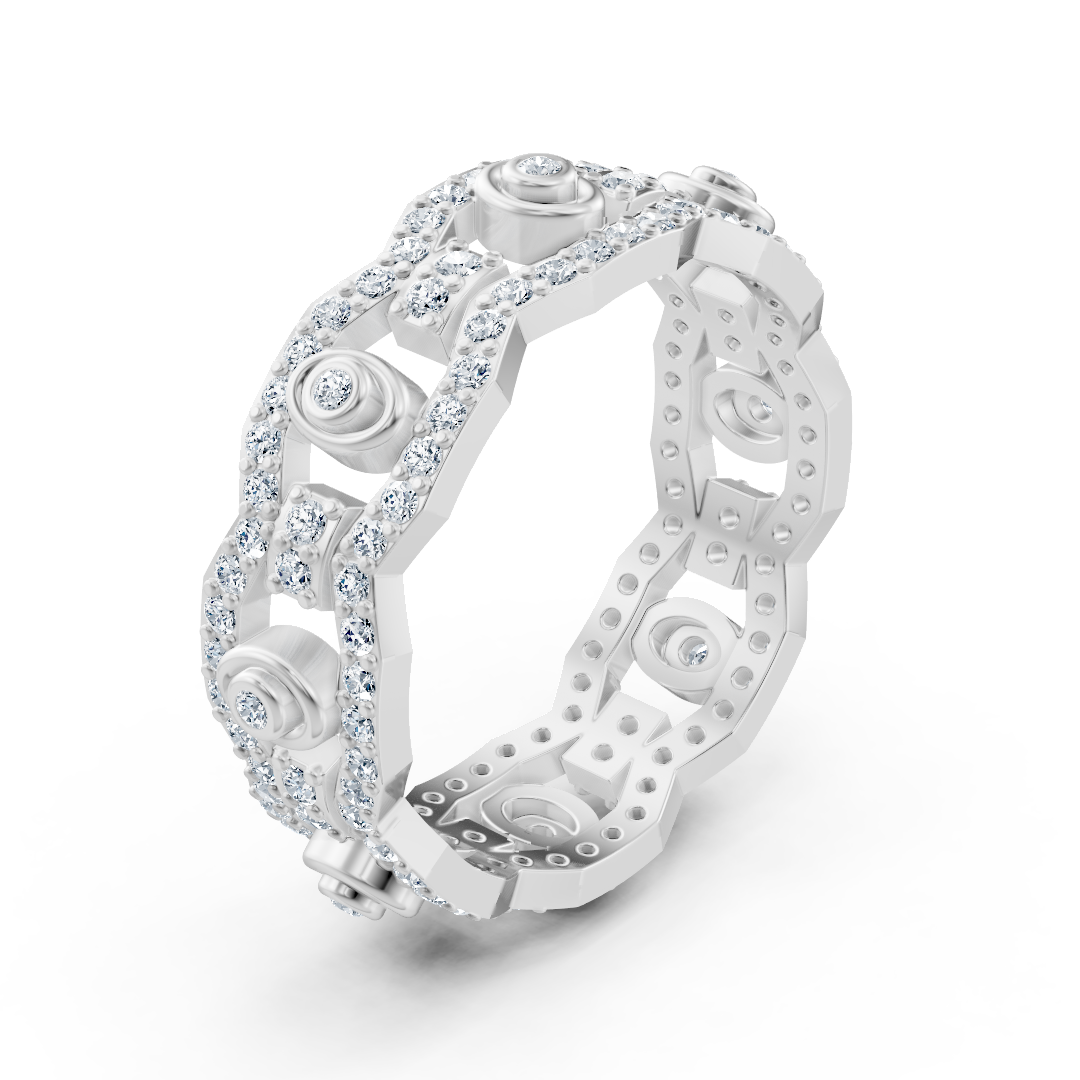 Bague en or blanc avec diamants et motif chaîne et cercle