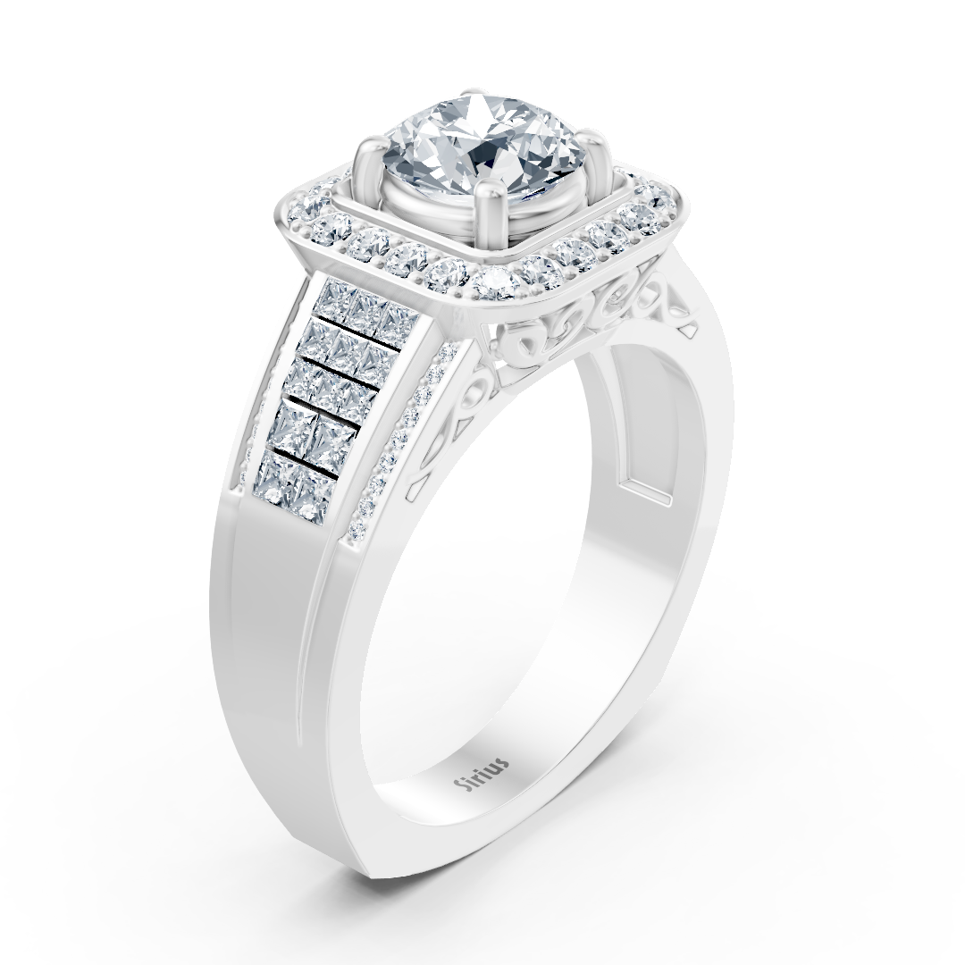 Sparkling princess and brilliant cut diamond engagement ring in 14 carat white gold