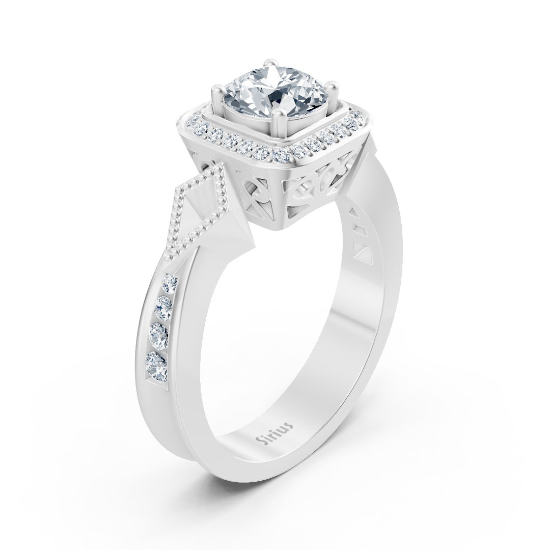 Bague de fiançailles halo en or blanc avec diamants latéraux