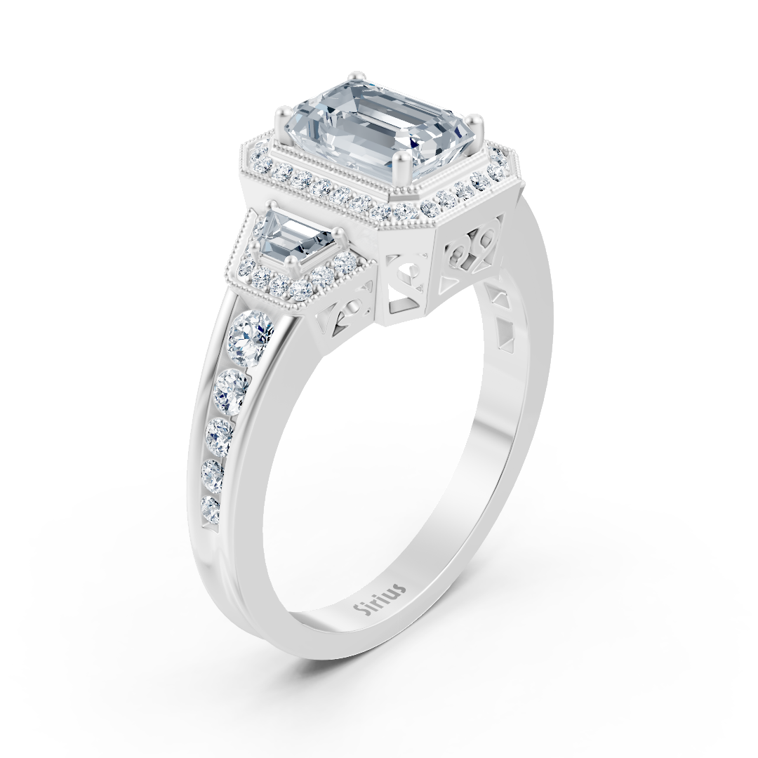 Bague de fiançailles halo en or blanc avec diamants, émeraude et rubis